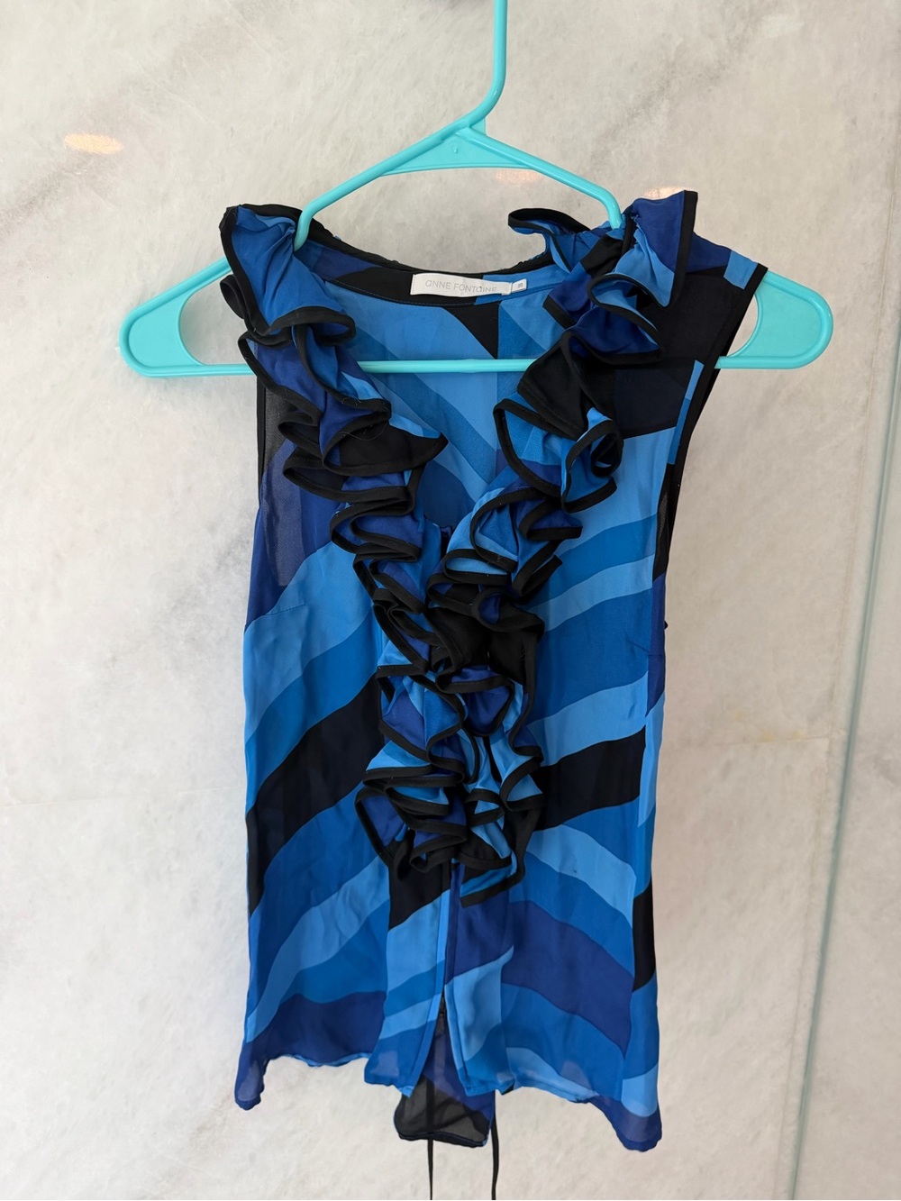 Anne Fontaine Blue and Black Ruffled Silk Sleeveless Top